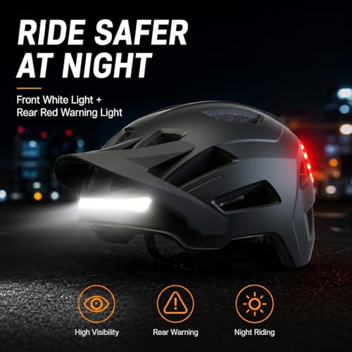 Bike Helmet, Helmets for Adults Men, Front and Back LED Lights Safe Certified MTB Road Bicycle Helmet with Adjustable Brim - color: Black, size: L (59-61cm)