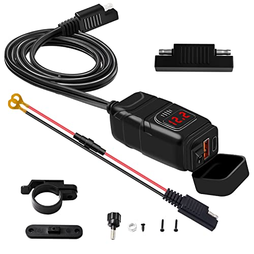 Motorcycle USB Charger, 6.4A Dual USB Quick Charge 3.0 & Type C PD Motorcycle Phone Charger with Voltmeter & ON/Off Switch, Quick Disconnect SAE USB Adapter Motorcycle Accessories for Phones