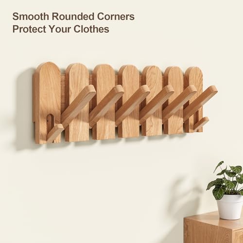 Solid Walnut Coat Rack Wall Mount, 16.5" Wood Wall Mounted Coat Rack with 8 Retractable Hangers,Heavy Duty Wooden Coat Hooks for Hanging Coats,Hats,Robe,Towels,Bags,Key Holder for Entryway,Natural - color: Natural