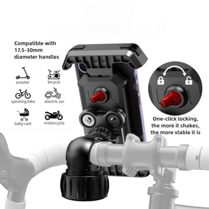 Premium Motorcycle Phone Mount with Anti-Shake Silicone Shock Absorber, 360° Rotation, Four-Corner Protection, One-Click Lock System, Tool-Free Installation for Bikes and Scooters