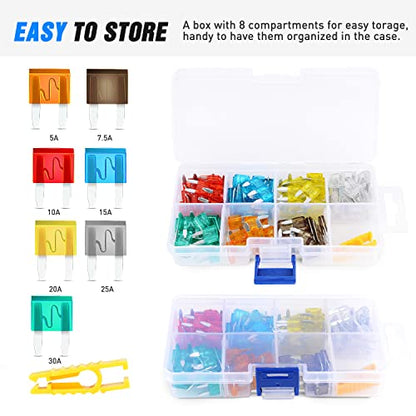 Nilight 120 PCS Mini ATM/APM Blade Fuse 5A/7.5A/10A/15A/20A/25A/30A AMP Assorted Set with 10 Pack 14AWG ATC/ATO Inline Fuse Holder - color: 120Pcs ATM/APM Fuse + 14AWG Holder 10