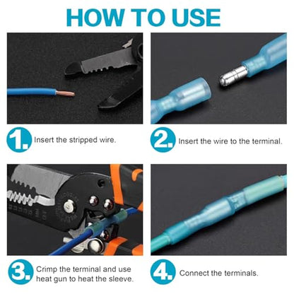 300PCS Heat Shrink Bullet Connectors AWG 16-14, Male & Female Marine Grade Waterproof Electrical Insulated Wire Connectors, Blue Quick Disconnect Wire Crimp Terminal for Boat Automotive - size: AWG 16-14