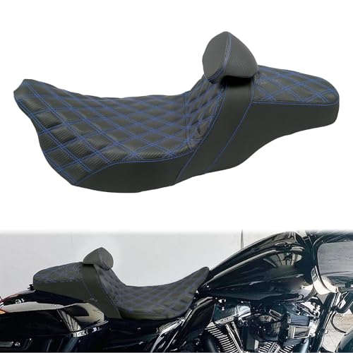 One-Piece Driver Passenger Seat Motorcycle 2-up Seat With Driver Backrest Cushion Pad Fit for Harley Touring Electra Glide Road King Road Glide Street Glide 2009-2023 (Blue Stitching) - color: Blue Stitching w/Driver Backrest