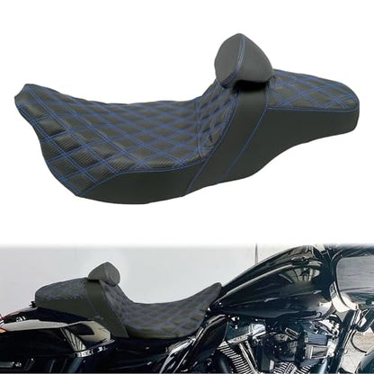 One-Piece Driver Passenger Seat Motorcycle 2-up Seat With Driver Backrest Cushion Pad Fit for Harley Touring Electra Glide Road King Road Glide Street Glide 2009-2023 (Blue Stitching) - color: Blue Stitching w/Driver Backrest
