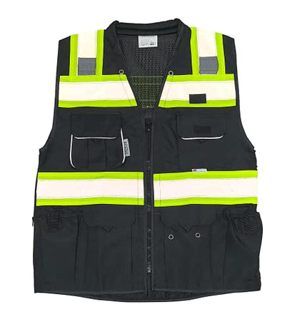 Black Safety Vest, XX-Large, Men's Professional Surveyors Vest with Zipper and Utility Pockets - color: Black, size: XX-Large
