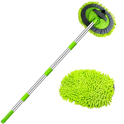 WillingHeart 63" Car Wash Mop Brush Tool Mitt with Long Handle Length More Suitable for Washing Cars Truck, SUV, RV, Trailer, 2 in 1 Chenille Microfiber Duster Not Hurt Paint Scratch Free, Green - color: Green
