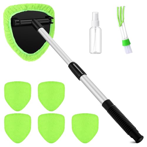 Potchen 8 Pcs Car Windshield Cleaner Tool Kit with Extendable Handle, Microfiber Towel Pads, Brush, Empty Spray Bottle for Auto Glass Wiper Suvs Rvs & Home Windows (Green) - color: Green