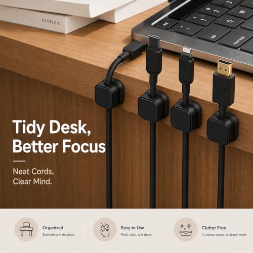 18-Pack Adhesive Cable Organizer Clips for Desk, Black | Strong acrylic adhesive, One-hand spring lock, Compact keycap design, Residue-free removal, Black & White options - color: Black