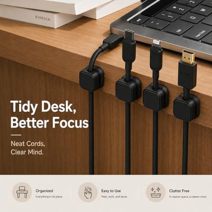 18-Pack Adhesive Cable Organizer Clips for Desk, Black | Strong acrylic adhesive, One-hand spring lock, Compact keycap design, Residue-free removal, Black & White options - color: Black