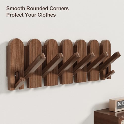 Walnut Wood Coat Rack Wall Mount,16.5" Wall Mounted Coat Rack with 8 Retractable Hangers,Heavy Duty Coat Hooks for Hanging Coats,Hats,Towels,Bags,Key Holder for Entryway - color: Walnut