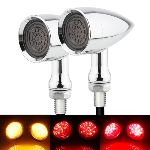 TSUNG Universal Motorcycle LED Turn Signals Lights Small Bullet Front Rear Blinkers Tail Lights for Cruiser Chopper Bobber Cafe Racer Street Bike (Red&Amber Light-Chrome) - color: CLASSIC-Chrome, size: 2PCS Rear