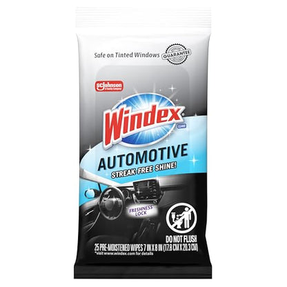 Windex Auto Wipes for Car Windows, Mirrors and Screens, Pre-Moistened Car Cleaner Wipes for Quick Streak-Free Shine, Guaranteed Safe-for Tinted Windows and Electronics, 25 count (Pack of 12) - size: 25 Count (Pack of 12)