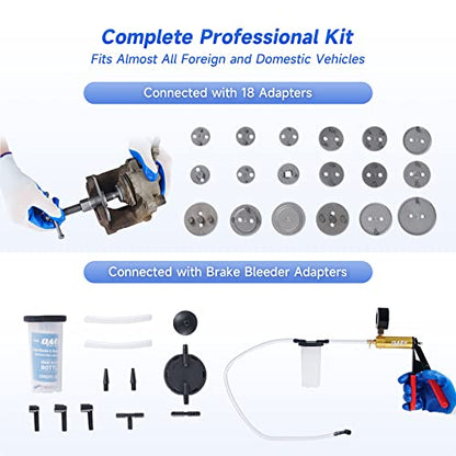 Orion Motor Tech 2 in 1 Brake Caliper Compression Tool & Brake Bleeder Kit, Handheld Vacuum Pump Brake Bleeder Tool Set, Disc Brake Pad Service Tool with Thrust Bolt Retaining Plates & 18 Adapters - color: Blue