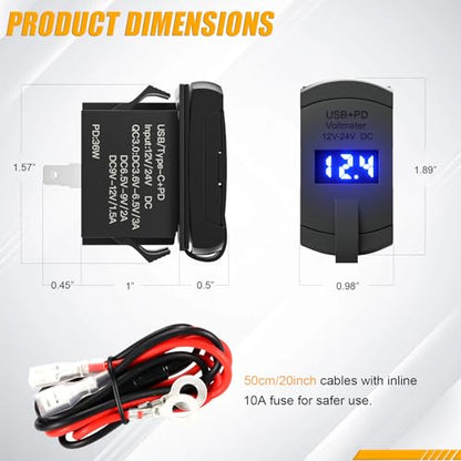 Dual Socket Charger Panel with Voltmeter - Type-C PD & USB QC 3.0 Fast Charger,12V/24V Waterproof for Marine, Boat, RV, Vehicle, Motorcycle Switch Panel (Square, Blue LED)