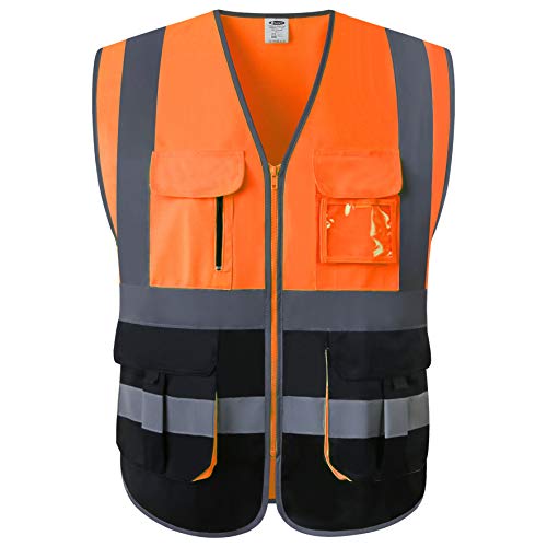 JKSafety 7 Pockets High Visibility Zipper Front Safety Vest With Reflective Strips.Meets ANSI/ISEA Standards (130-Orange-Black,XL) - color: Orange-black, size: X-Large