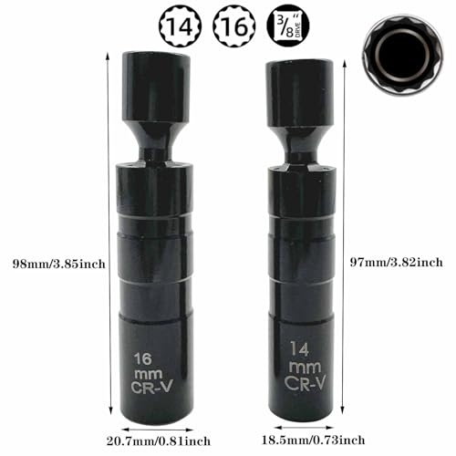 14mm and 16mm Thin Wall Swivel Magnetic Spark Plug Socket 3/8 Inch Drive 12-Point Spark Plug Socket Removal Tool Compatible with Motorcycle, Car, SUV Most Confined Areas