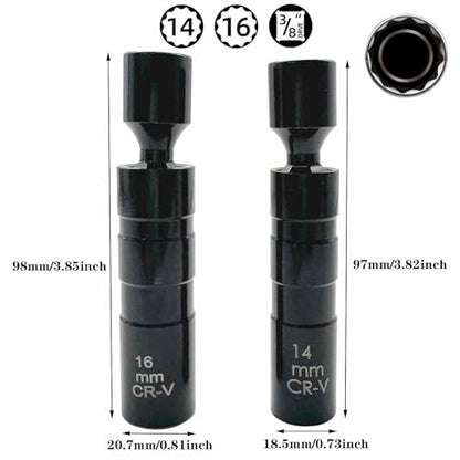14mm and 16mm Thin Wall Swivel Magnetic Spark Plug Socket 3/8 Inch Drive 12-Point Spark Plug Socket Removal Tool Compatible with Motorcycle, Car, SUV Most Confined Areas