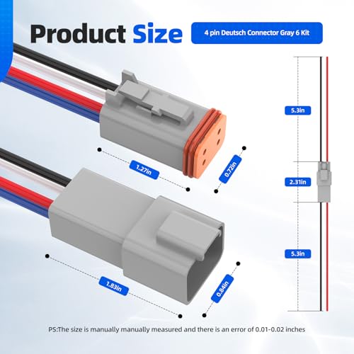 4 Pin Deutsch Connector, Hoodutric 16AWG Gray Male Female Wiring Harness DT Pigtail 4 Wire Waterproof Connector with Heat Shrink Tubing Electrical Tape for Car Truck Motorcycle Boat- 6 Kit - style: 4Pin Gray 6 Set