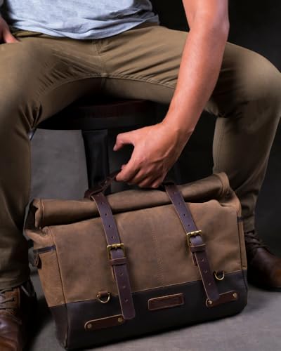 Trip Machine Company Outlaw Leather Motorcycle Saddlebag – 17L Roll Top Luggage Bag with Mounting Straps, Shoulder Strap & Waterproof Rain Cover (Dark Brown/Tobacco) - color: Dark Brown/ Tobacco