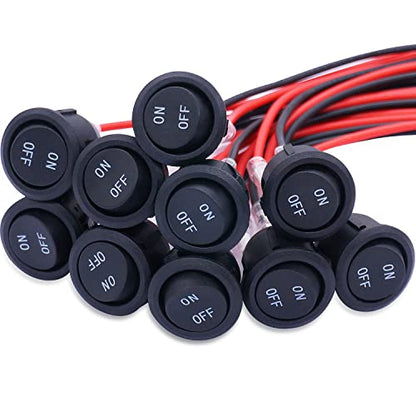 Twidec/10Pcs 12V Round Rocker Switch ON Off AC 6A/250V 10A/125V SPST 2 Pin 2 Position 12 Volt DC Circle Toggle Switch for Car Boat Automotive RV Black with Wires KCD1-5-101-ON-OFF - color: Black-Round-ON OFF-10PCS