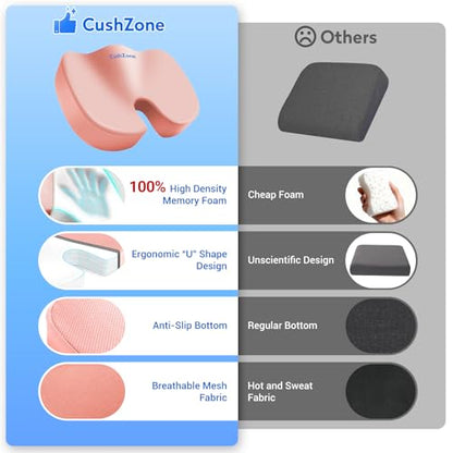 CushZone Seat Cushion, Office Chair Cushions, Car Seat Cushion, Non-Slip Sciatica & Back Coccyx Tailbone Pain Relief Chair Pad, Memory Foam (Large,Pink) - color: Pink, size: X-Large
