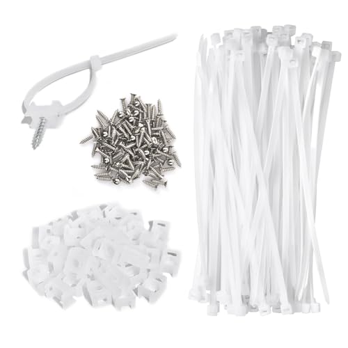 Cable Zip Tie Mounts Kit - 55 Set Wire Cable Clips Organizer Holders with 6" Cable Ties, Saddle Type Mounts Base and Tapping Screw, White - color: White, size: 0.6INCH