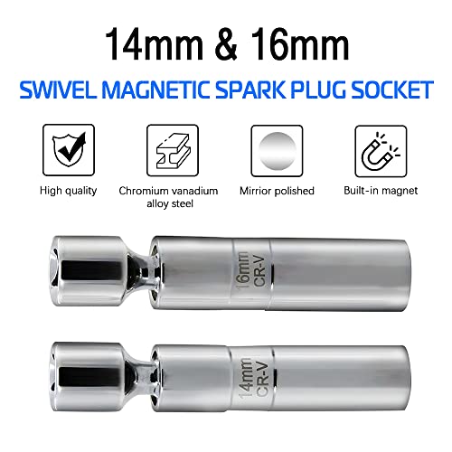 A ABIGAIL 14mm and 16mm Thin Wall Swivel Magnetic Spark Plug Socket 3/8 Inch Drive 12-Point Spark Plug Socket Removal Tool Compatible with Motorcycle, Car, SUV, BMW,Nissan, Mini, Mercedes - size: 14mm&16mm