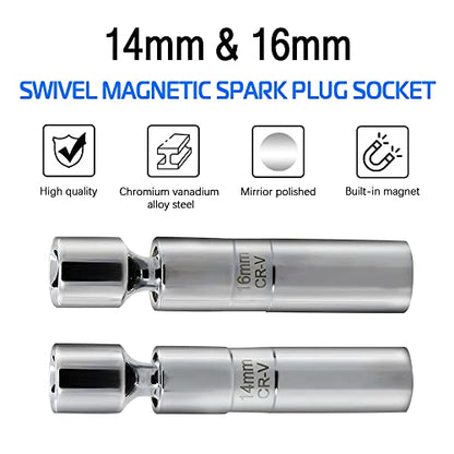 A ABIGAIL 14mm and 16mm Thin Wall Swivel Magnetic Spark Plug Socket 3/8 Inch Drive 12-Point Spark Plug Socket Removal Tool Compatible with Motorcycle, Car, SUV, BMW,Nissan, Mini, Mercedes - size: 14mm&16mm