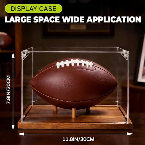Football Display Case Full Size, Acrylic Clear Box with Wood Stand, UV Protected Memorabilia Holder, for Football Fans & Collectors, Sports Collectibles - size: 13.9ln×8.9ln×1.5ln