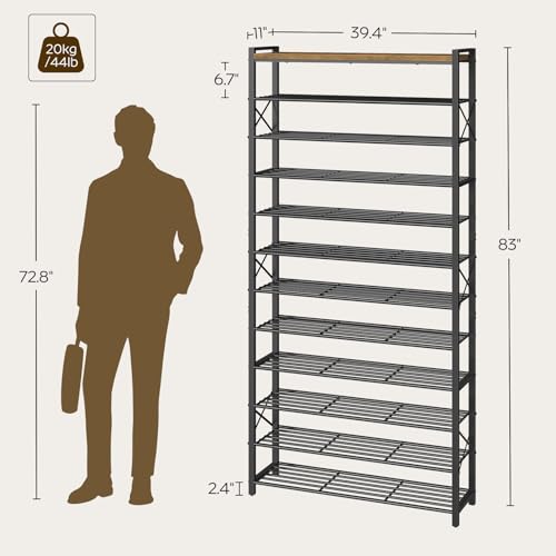 YATINEY 12-Tier Shoe Rack, 39.4" L Shoe Shelf for 54-60 Pairs of Shoes, Tall Shoe Storage Organizer with Metal Frame, Large Capacity Shoes Rack for Entryway, Closet, Rustic Brown and Black SS40BR - size: 39.4" x 11" x 83"