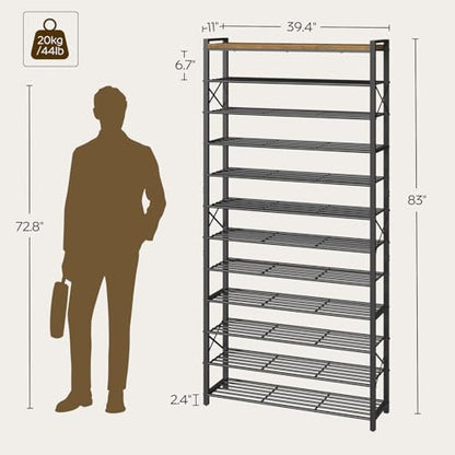 YATINEY 12-Tier Shoe Rack, 39.4" L Shoe Shelf for 54-60 Pairs of Shoes, Tall Shoe Storage Organizer with Metal Frame, Large Capacity Shoes Rack for Entryway, Closet, Rustic Brown and Black SS40BR - size: 39.4" x 11" x 83"