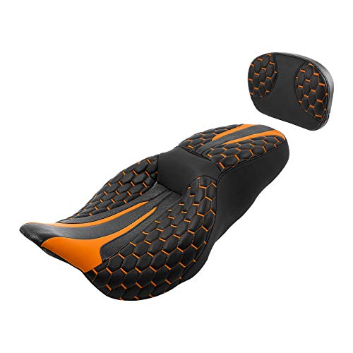 C.C. RIDER Motorcycle Seat Driver Passenger Touring Seat with Backrests for Harley Davison Electra Glide Classic Street Glide Road Glide 2009-2023 - color: Black Orange Seat + Backrest