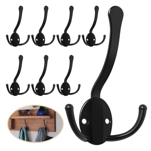 Homanu 8 Pack Coat Hooks Heavy Duty, Metal Three Prongs Large Coat Hooks Wall Mounted with 16 Screws, No Rust Black Rustic Wall Hooks for Hanging Towel, Coat, Scarf, Bag, Hat, Cup, Key - color: 8 Pcs Black