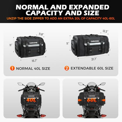 Motorcycle Tail Bag, 40L-60L Expandable Motorcycle Travel Luggage, Waterproof All-Weather Rear Seat Bag with Sissy Bar Straps & Rain Cover, Universal Trunk Rack Bag - Black