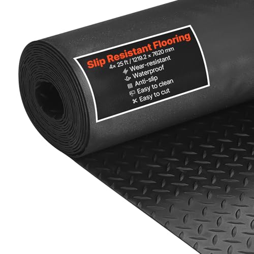 VEVOR Garage Floor Roll, 4 x 25 ft Garage Flooring Mat, 3 mm Thickened Rubber Diamond Plate Floor Protector Mat, Non-Slip, Wear-Resist, Waterproof, Easy to Clean for Warehouse, Gyms,Trailer, Black - size: 4 ft x 25 ft