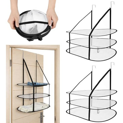 ZALIR 2 Pcs Over The Door Mesh Sweater Drying Rack Set - 3 Tier Lay Flat Sweater Drying Rack, Black Foldable Lay Flat Laundry Hanging Mesh Dryer with Door Hooks for Apartments, Dorms, Bathrooms