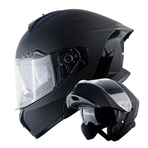 1Storm New Motorcycle Bike Modular Full Face Helmet Dual Visor Sun Shield: NOLED-X90 Carbon Fiber Black - color: Matt Fiber Black NO Light, size: Medium