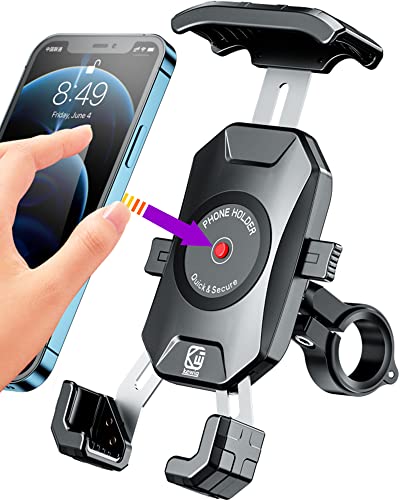 BRCOVAN Bike Motorcycle Phone Mount Holder, 1s Locking | with Solid Aluminum Alloy Mounting Base, Handlebar Cell phone Clip for Bicycle ATV Scooter, Fit 4-7'' Smartphone