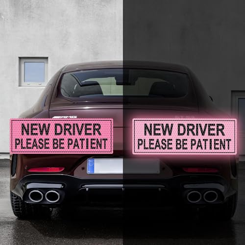 2pcs High Intensity Reflective New Driver Car Sticker Waterproof Student Driver Please Be Patient Decal for Car Window Bumper Reflective Night Safety Warning Decal (Pink) - color: Pink