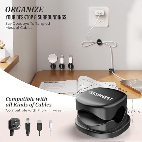 Never-Lose 1s Lock Spring Cable Solution – Rotatable Cable Clips, Strong Adhesive Cord Organizer & Wire Holder for Desk, Car & Nightstand, Secure Cable Management, 8 Pack (Black) - size: Pack of 8