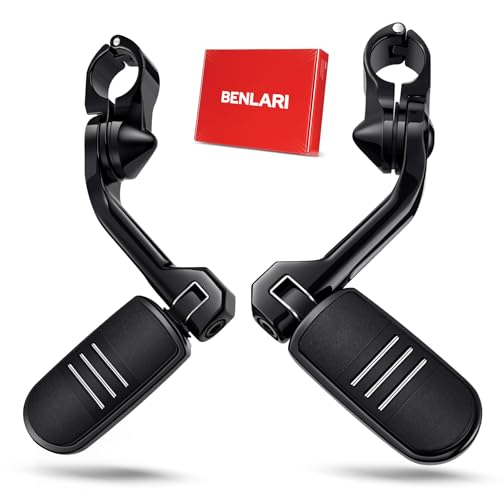 Benlari Highway Pegs, 304 Stainless Steel 1.25" Highway Footpegs Adjustable Fit for Harley Touring Street Glide Softail Dyna Sportster fits 1-1/4"(32mm) Engine Guard Black(Long Angled) - color: BLACK, size: Long
