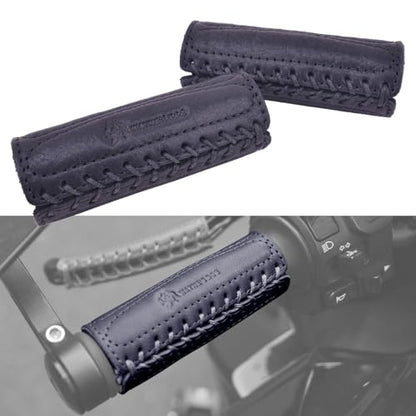 Leather Motorcycle Handlebar Grip Covers, No Fringe Brake Clutch Covers for HD Motorcycles - color: Black: Handlebar Cover