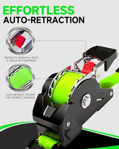 Retractable Ratchet Straps 4-Pack, 1” x 10ft Self Retracting Tie Down Straps with 1,650lb Break Strength, Auto Cargo Straps for Motorcycle, Kayak, ATV, Truck Bed & Cargo Transport (Green) - color: Black Green