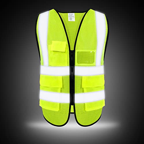 5 Pockets High Visibility Reflective Safety Vest,Zipper Front, Meets ANSI/ISEA Standards - color: Yellow-mesh, size: Medium