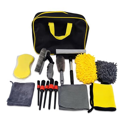 Complete Car Detailing Kit 15 Pieces, Includes Wash Mitt, Microfiber Towels, Wheel Brush, Detail Brushes & Portable Carry Bag