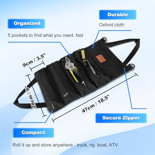 Roll up Tool Bag, Heavy Duty Portable Tool Organizer with Waterproof Oxford Cloth and Zipper Pouch, Rollable Carrying Storage for Mechanics Electricians and Repairmen, Black