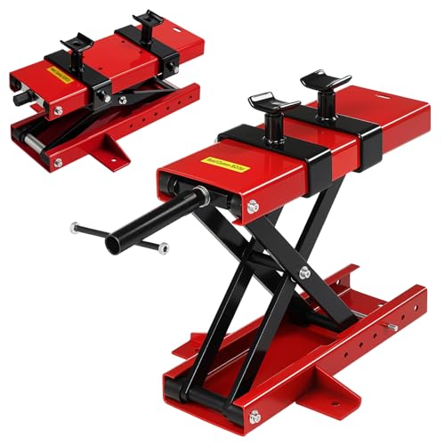 TUFFIOM 1100LBS Motorcycle Scissor Lift Jack, Height Adjustable with Safety Pin & Support Saddles, Foldable Motorcycle Center Stand for Dirt Bike ATV, Red - size: w/Support Saddles