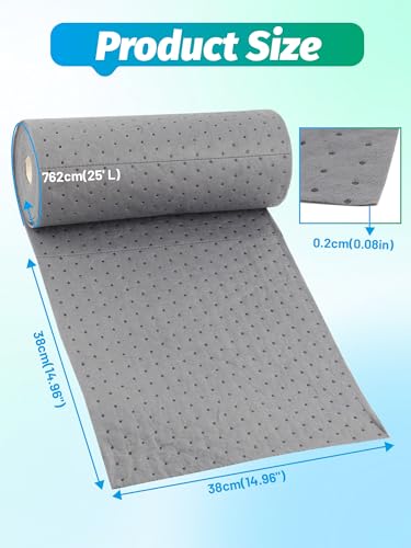 15" W x 25' L Oil Absorbent Pads, Water Absorbent Mat, Trimmable Absorbent Sheets for Garage, Automotive, Workshop, Handles Oil, Coolant, Water & Chemicals