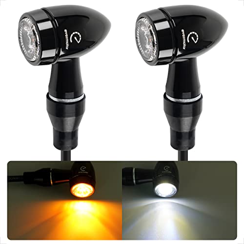 evermotor CNC Motorcycle Turn Signals Led Indicator Chrome, Mini Universal 12V Bullet Blinker Lights Aluminium Alloy Waterproof (Black-Amber/White Light, 2PCS) - color: Black-Amber/White Light, size: 2PCS