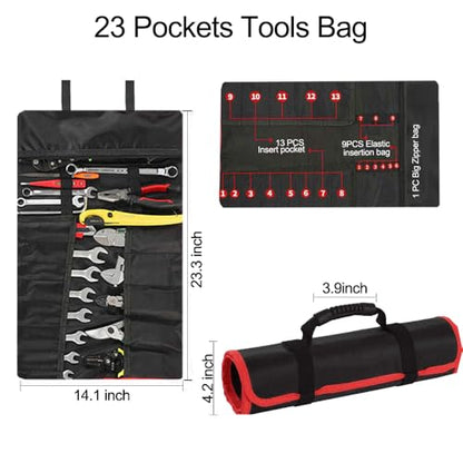 23 Pocket Tool Roll Up Bag for Wrenches & Spanners - Heavy Duty Oxford Organizer Pouch with Elastic Loops & Zipper Pocket, Portable Mechanic Storage Case for Motorcycle Truck Emergency Kit - style: Black Tool Bag